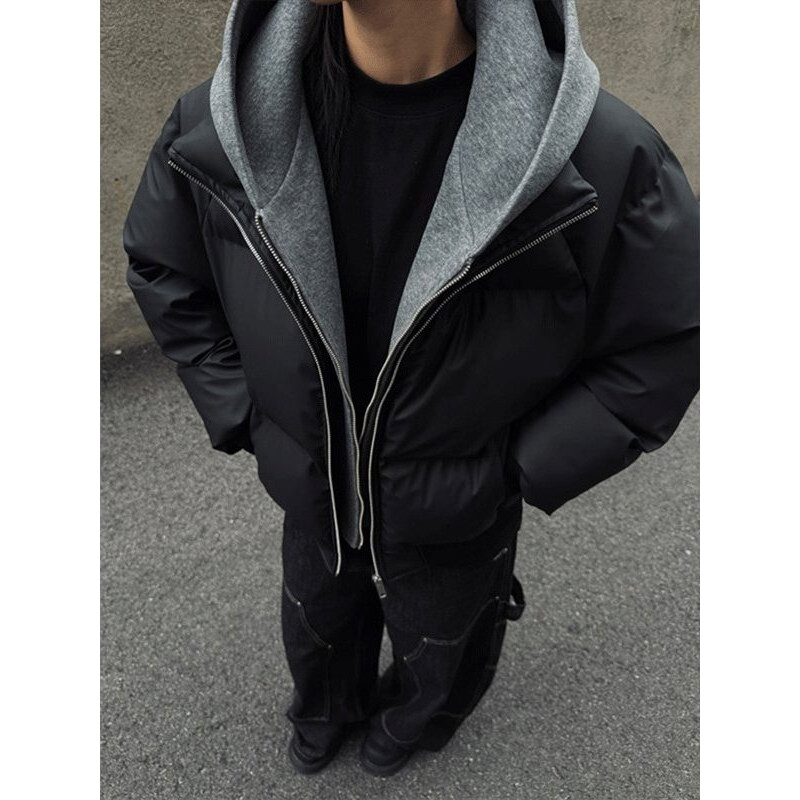 PU皮假两件连帽夹克棉服男冬季加厚保暖棉衣外套美式短款廓形棉袄