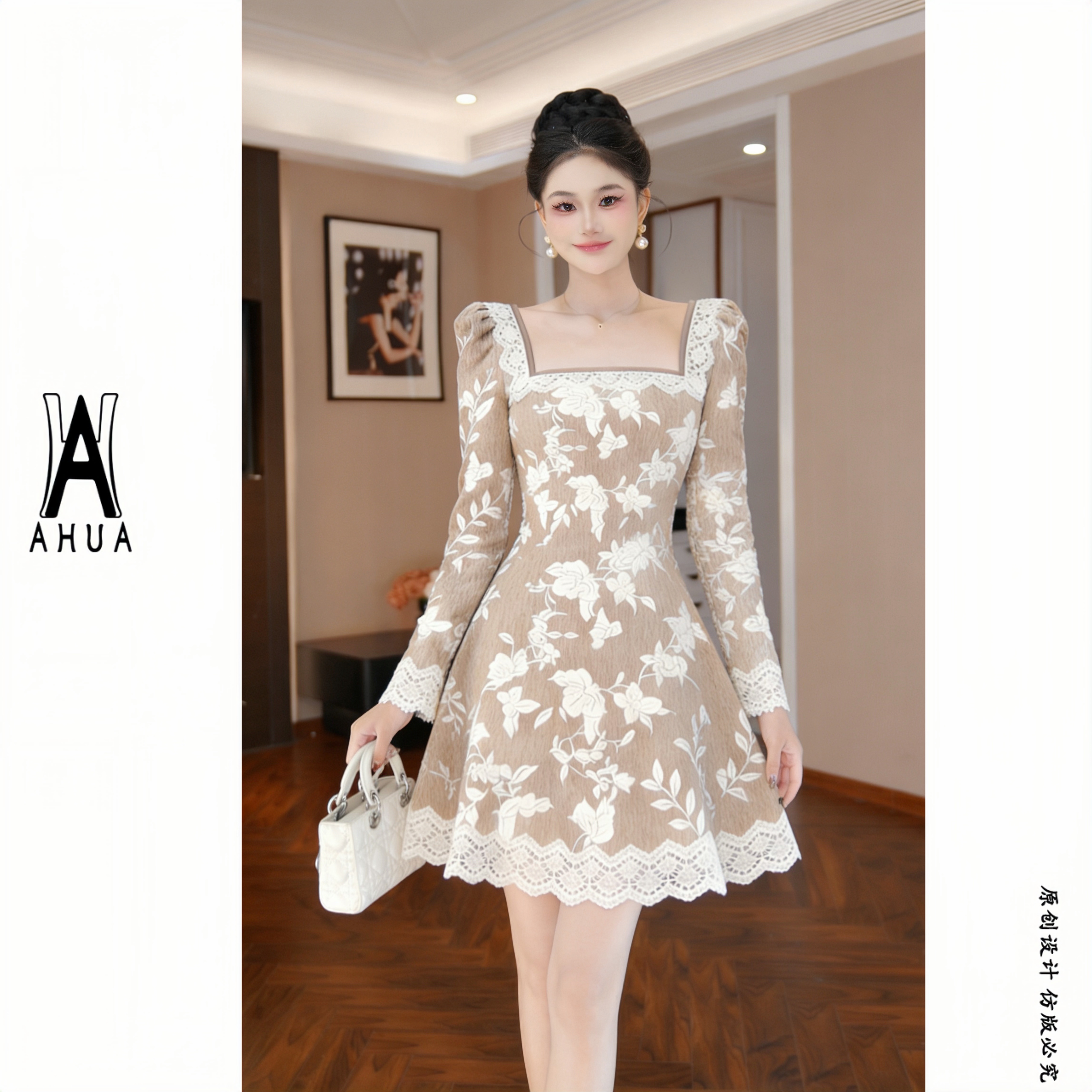 【花花原创】收腰裙子蕾丝显瘦气质长袖复古法式连衣裙119922