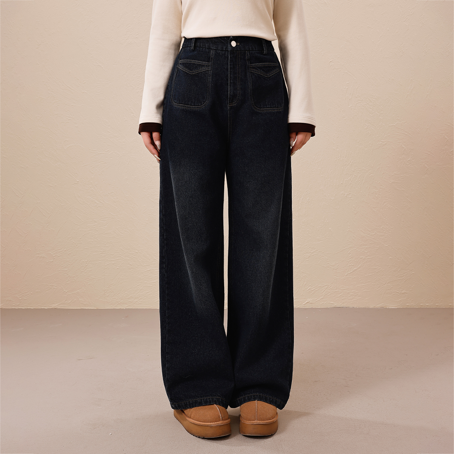 【帷幕牛仔】 蛋妹大码女装微胖mm秋冬遮胯百搭阔腿牛仔裤DM35257