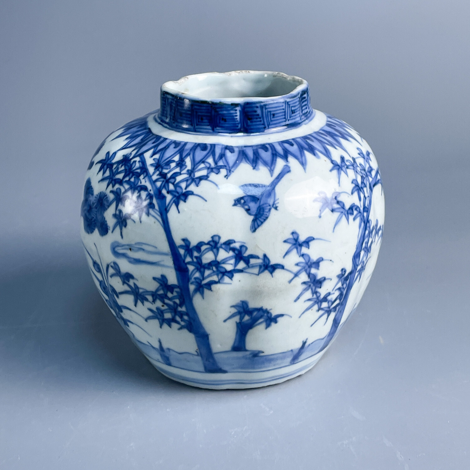 明代万历 青花松竹梅花鸟图瓜棱罐-M25KT000128-01