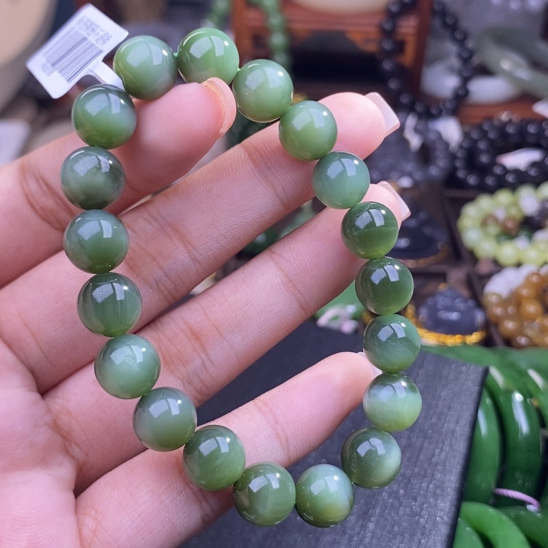 和田玉碧玉老矿猫眼手串10mm未镶嵌