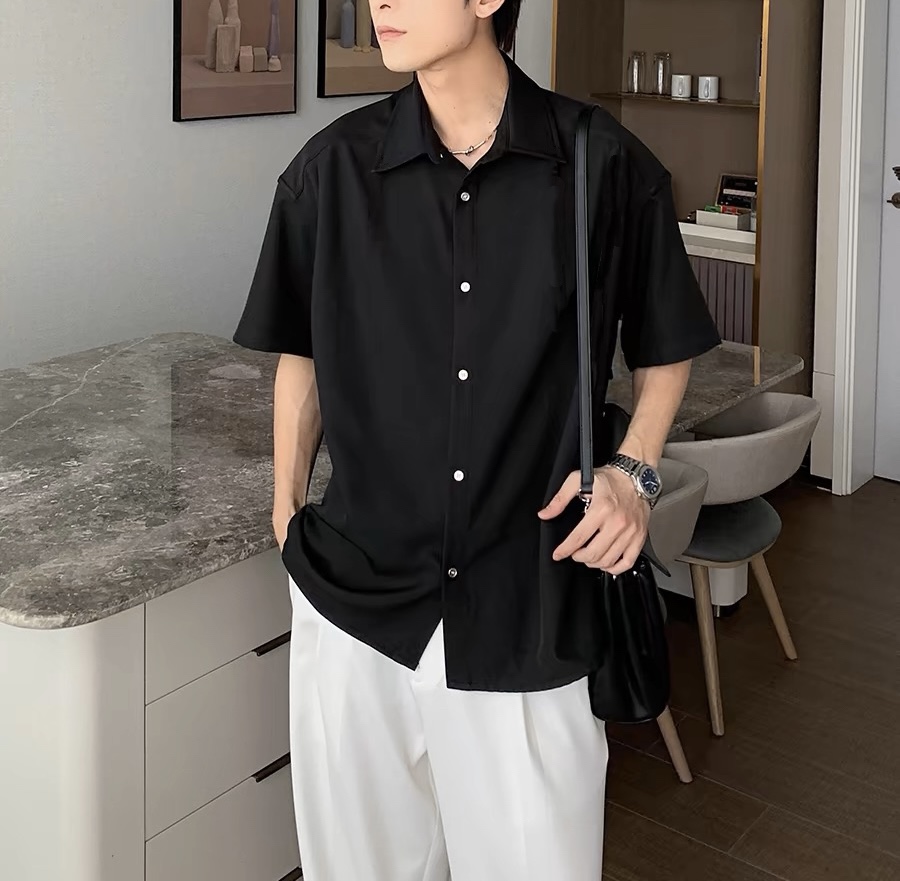 夏季高端新款禁欲痞帅短袖衬衫休闲黑色衬衫短袖韩版冰丝男衬衫