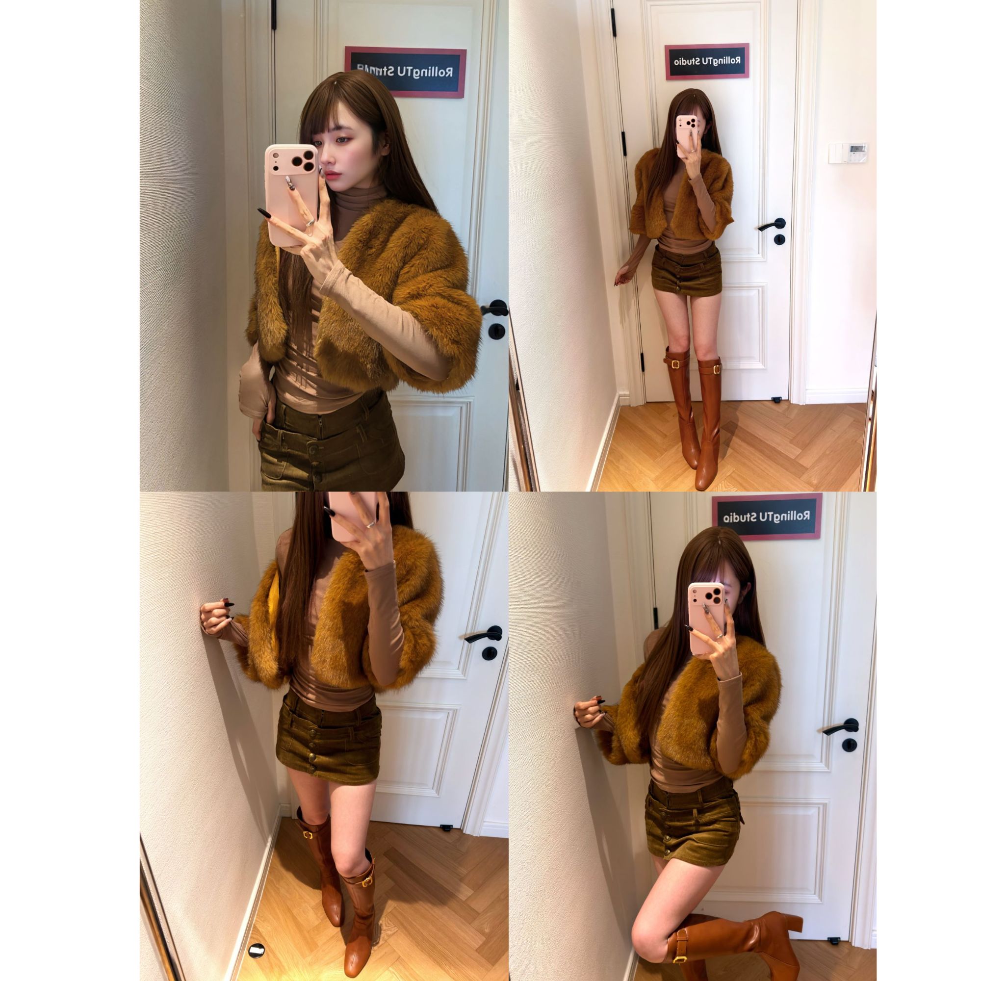 金棕美拉德 皮草毛毛短外套+磨毛高领长袖打底T恤+灯芯绒包臀短裙