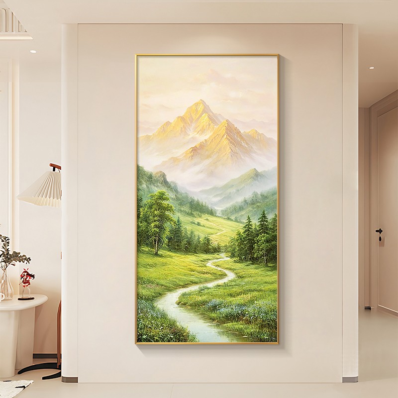 奶油风玄关装饰画绿树金山客厅手绘油画山水风景入户挂画大气