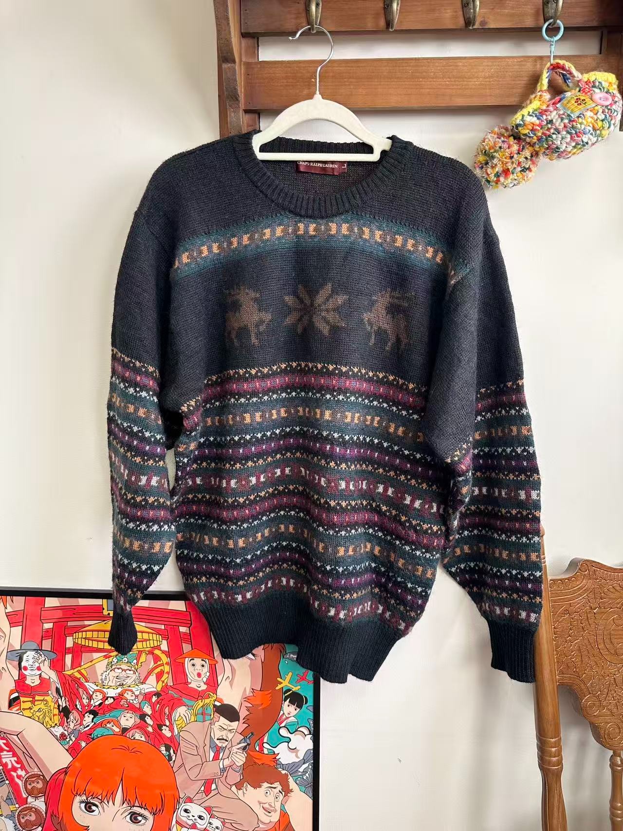 黑色圆领费尔岛提花古着毛衣【日产孤品】