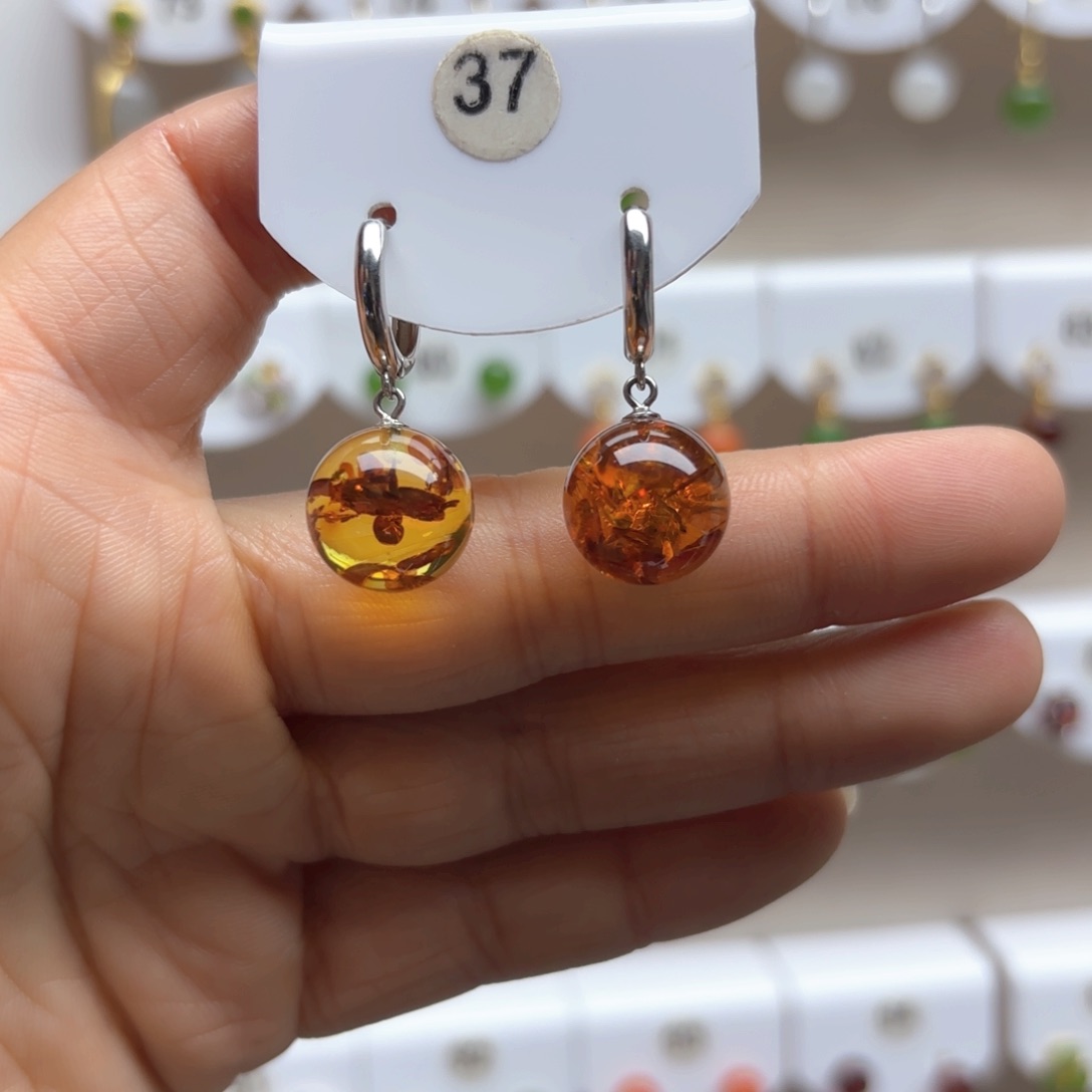 琥珀（花珀）耳饰银S925镶嵌