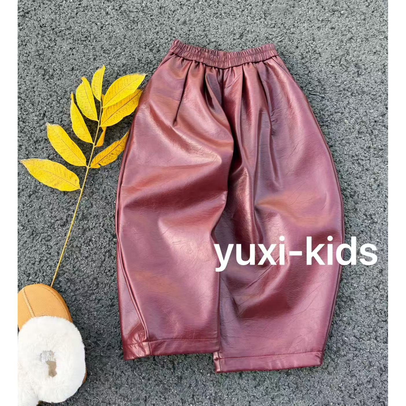 【语汐定制】2025冬季复古酒红色时尚百搭儿童休闲加绒皮裤25028