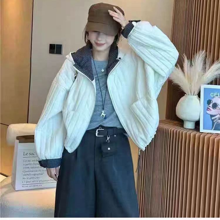 欧货撞色薄款连帽棉衣短外套女2025秋冬新款宽松休闲棉服夹克上衣