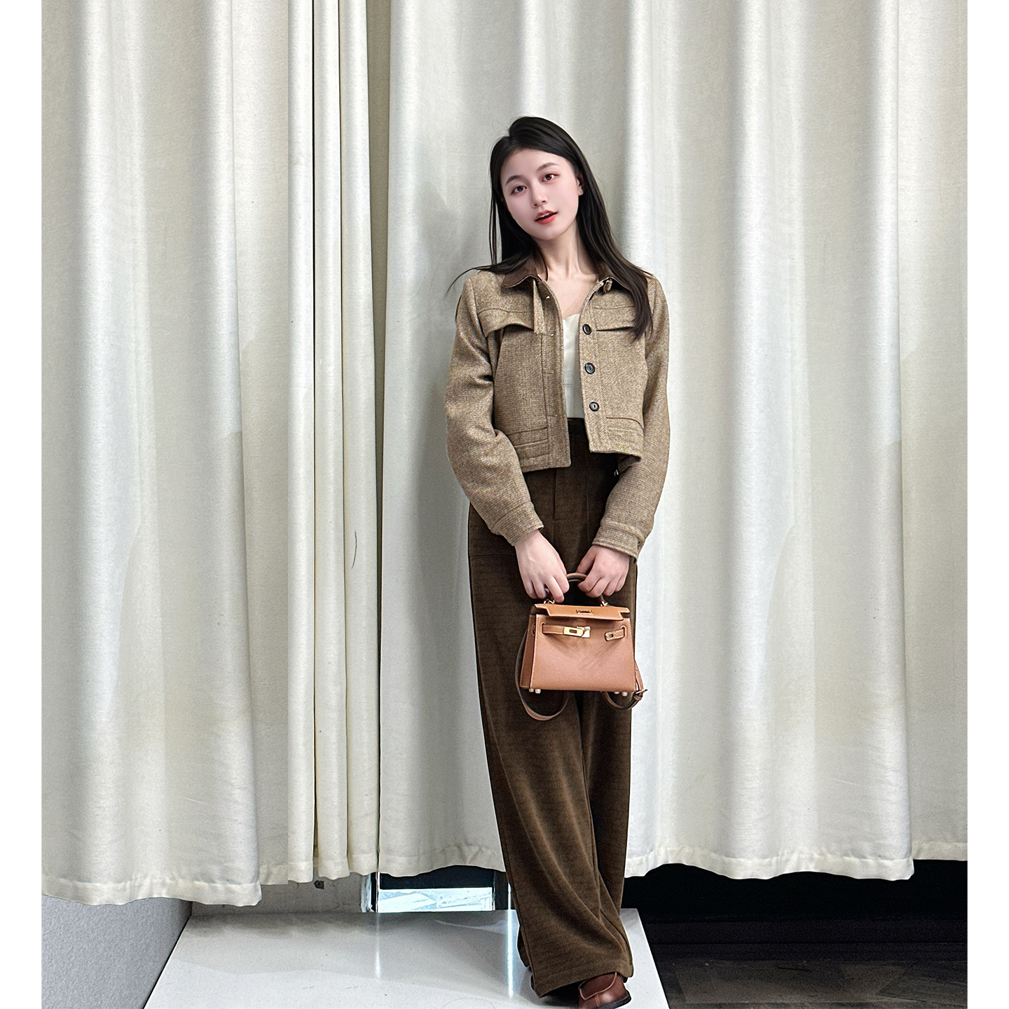 【维港听风】小娜椒小个子撞色复古时尚短外套高腰显瘦裤子套装女