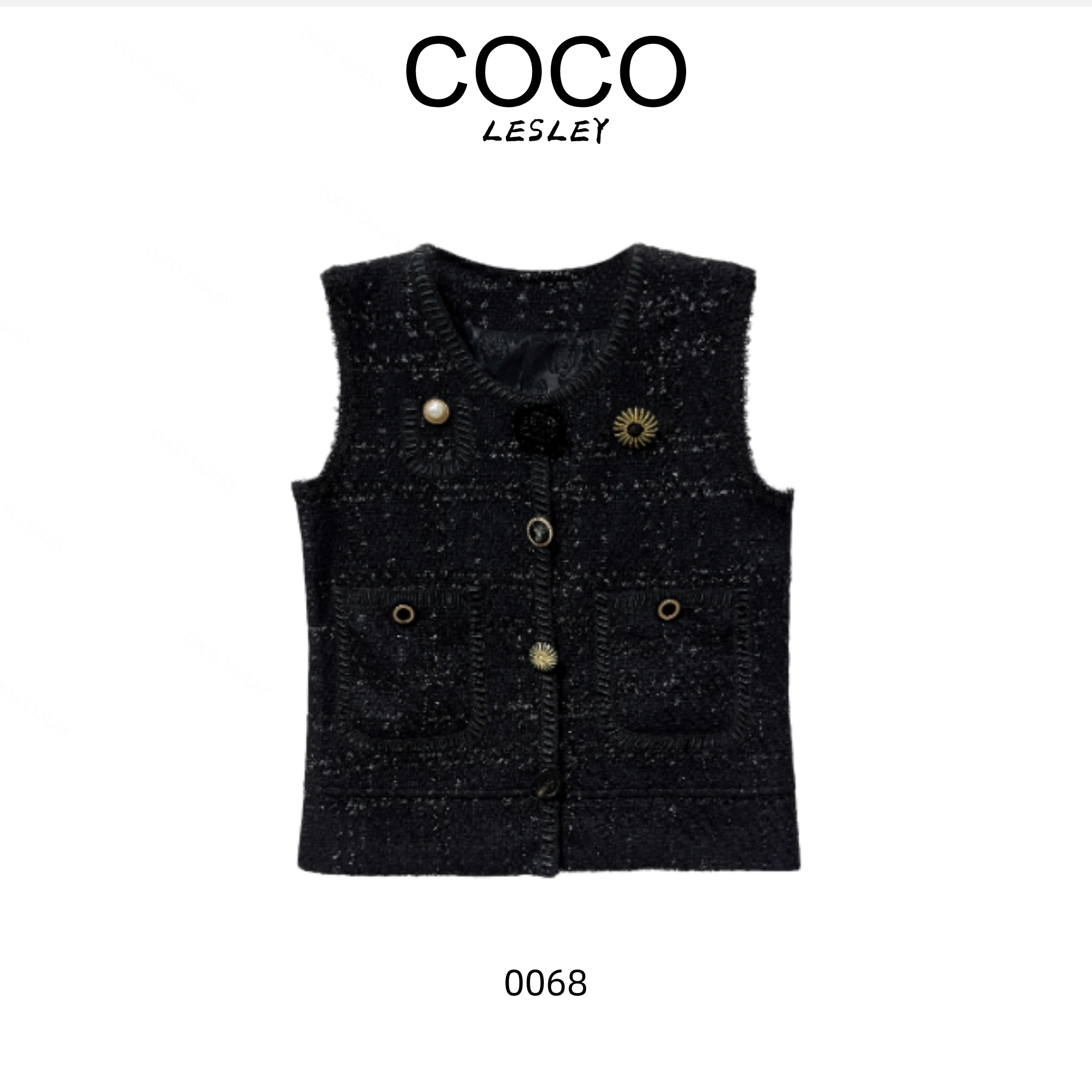 【COCO LESLEY】轻奢气质小香风马甲黑色减龄重工粗花呢小香风马夹 