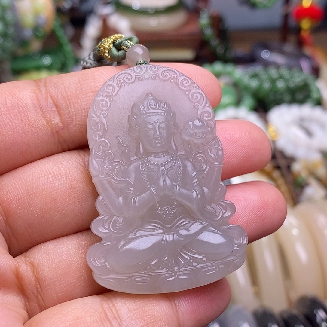 和田玉未镶嵌收藏级冰烟紫高冰老矿料观音吊坠