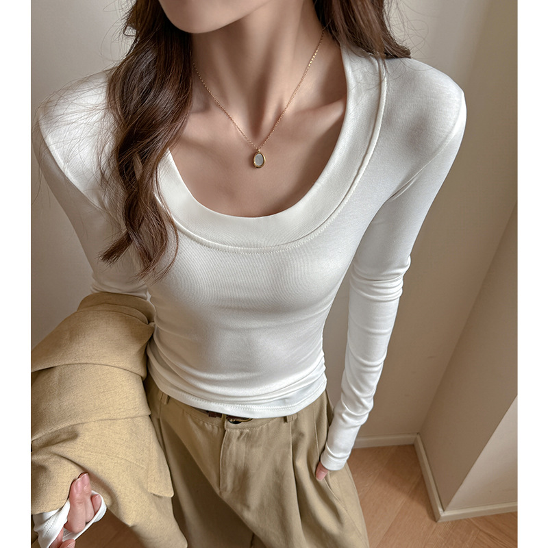 秋冬季加厚磨毛圆领长袖打底衫女内搭正肩修身显瘦t恤高级感上衣