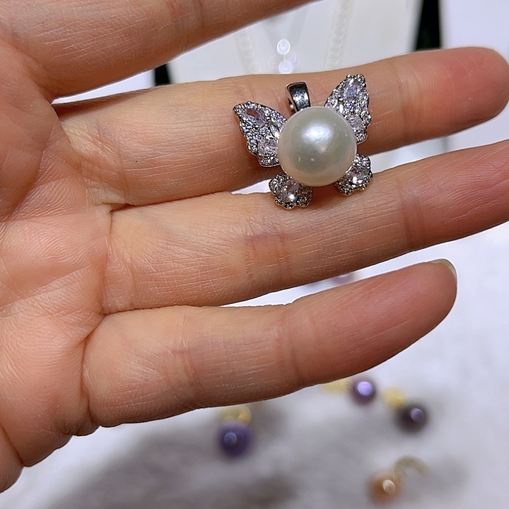 淡水珍珠白珠银色蝴蝶万能扣合金