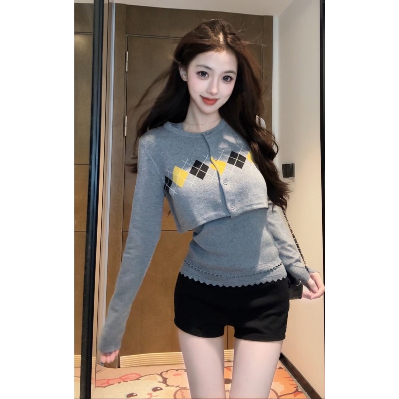 【XIAOBAWANG】纯欲风薄款长袖格纹秋季毛针织衫上衣印花小众宽松W
