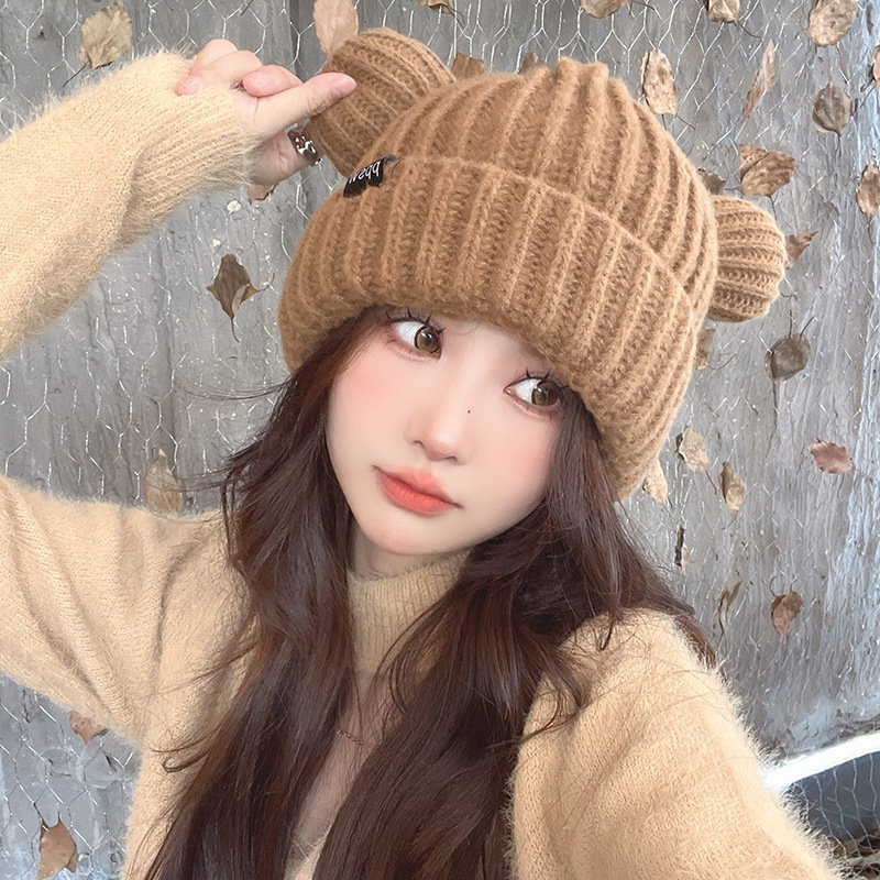 秋冬保暖加厚护耳针织帽冬款可爱时尚百搭猫耳朵女款毛线套头帽子