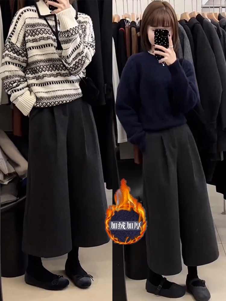 秋冬季新款毛呢百搭显瘦阔腿裤女日系时尚高腰宽松八分休闲裤