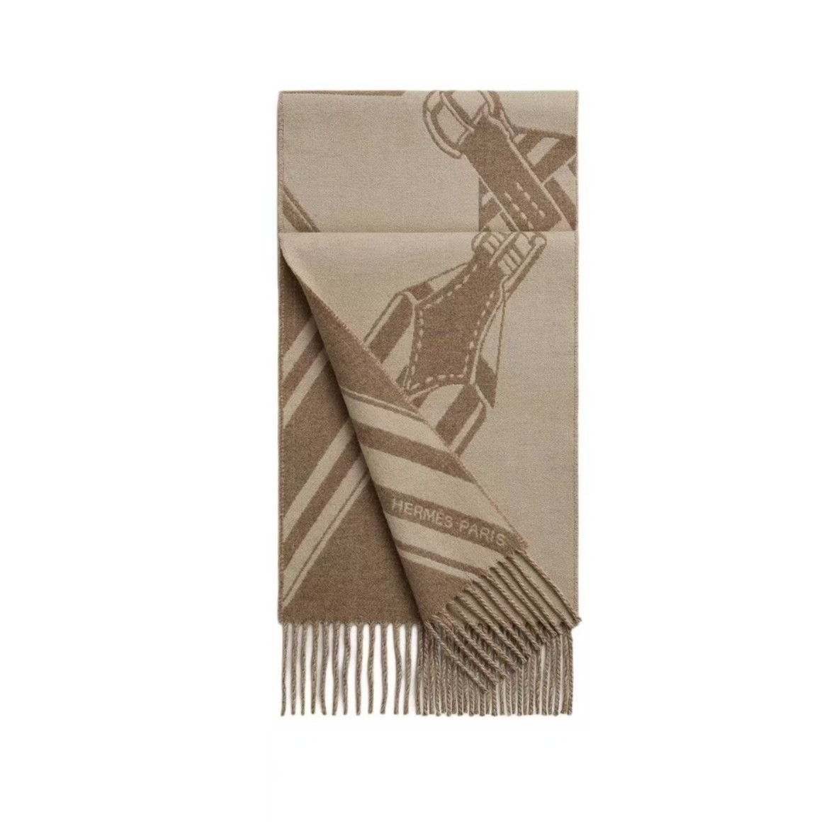 未使用 Hermes/爱马仕 蔚蓝/浅褐色/粉笔白曲折马鞍 羊绒围巾 