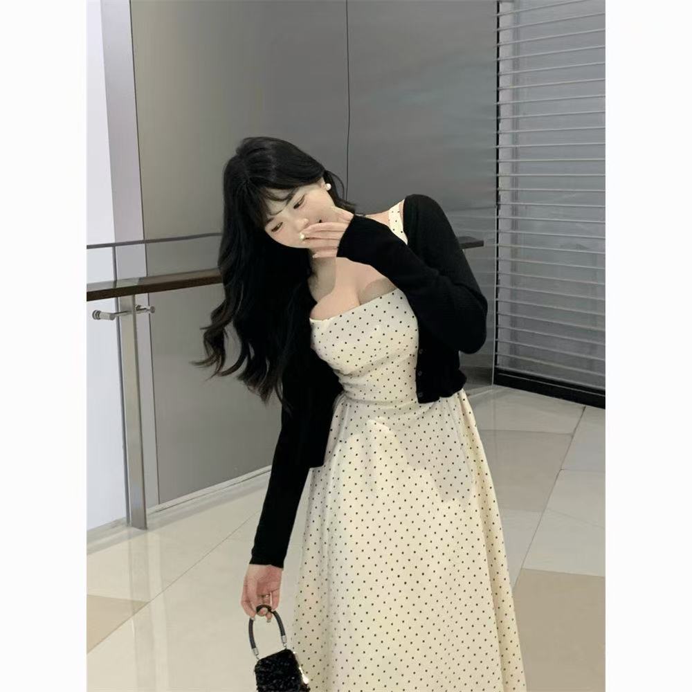 春夏季新款高级感气质百搭开衫配千金风收腰吊带波点连衣裙两件套