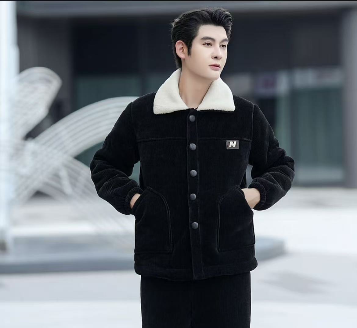 冬季纯黑男士睡衣时尚休闲秋冬家居服套装保暖棉服