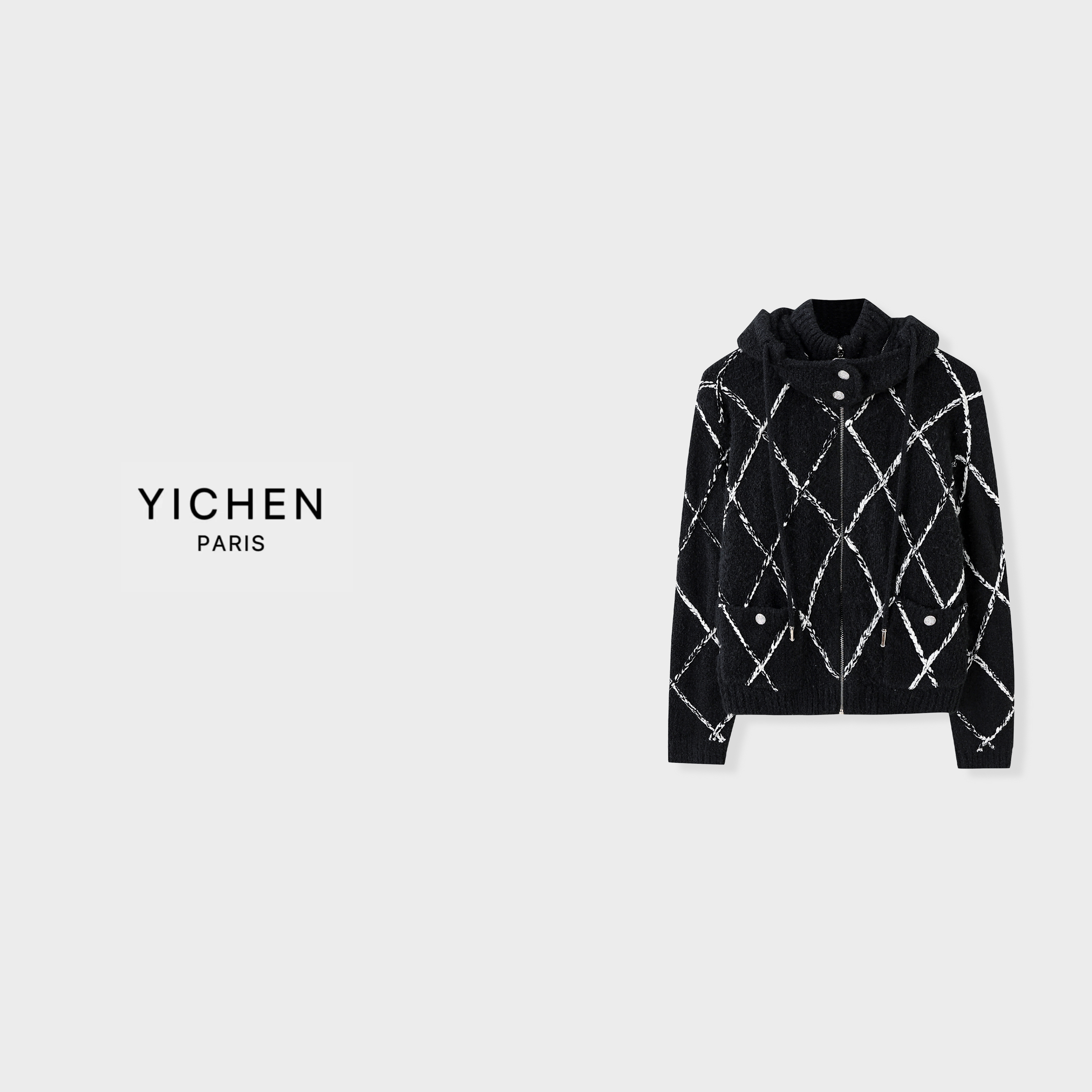 YC 滑雪系列手钩菱格提花双口袋连帽冬款双色针织外套-2929