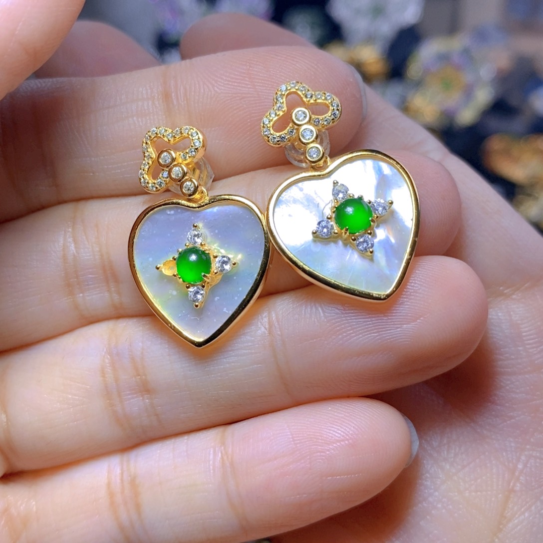 翡翠耳钉银S925镶嵌天然翡翠