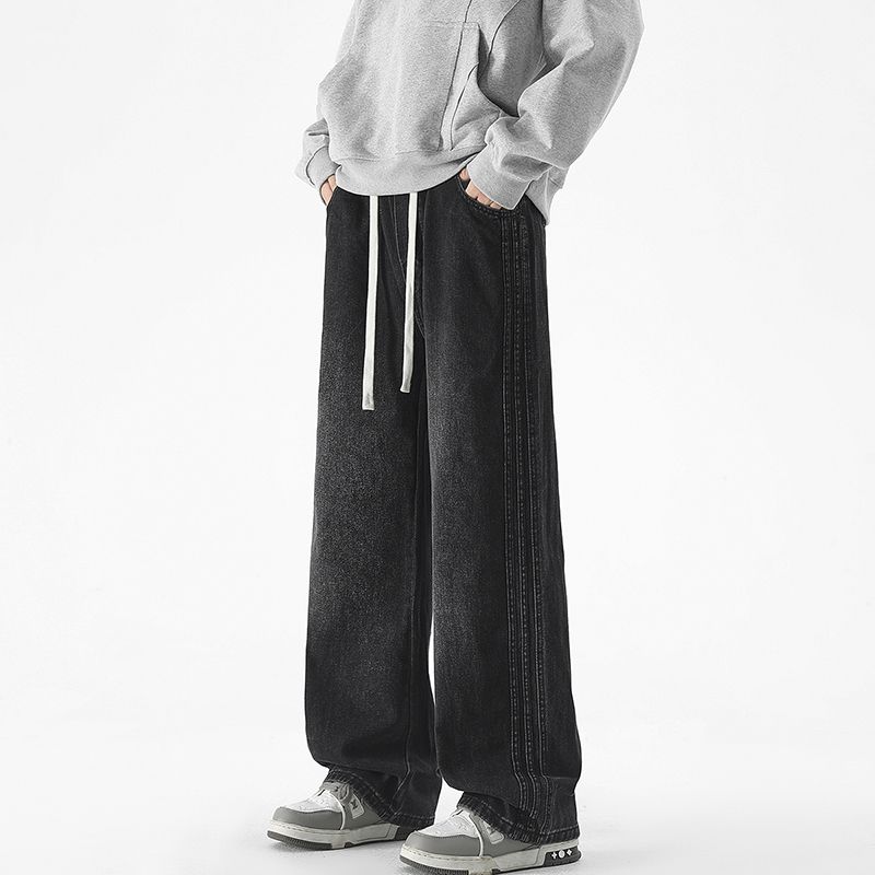 2025秋冬新款软牛仔松紧腰头抽绳款宽松直筒百搭休闲男裤大码男士