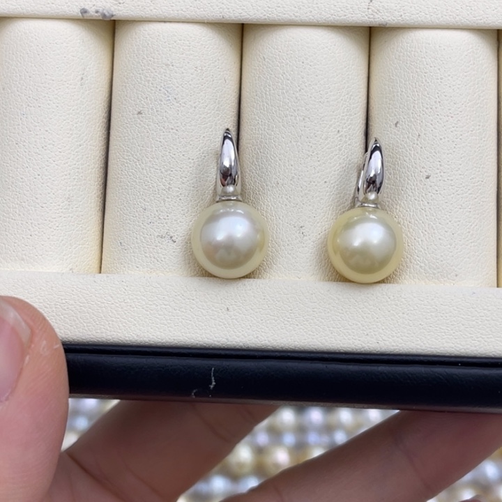 海水珍珠耳饰银S925镶嵌金珠耳饰11-12mm