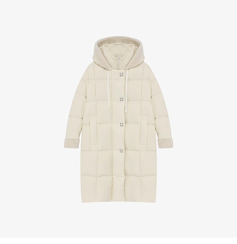 JUNJJ【心似海】冬季时尚拼色连帽高领设计感保暖中长款羽绒服女