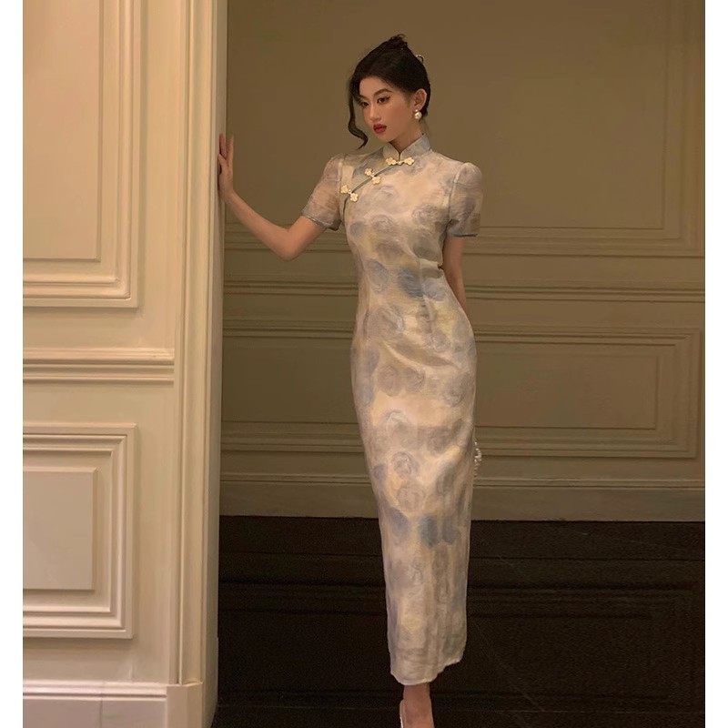  639国风缎面旗袍连衣裙女2024新款小众提花气质立领收腰长裙3659