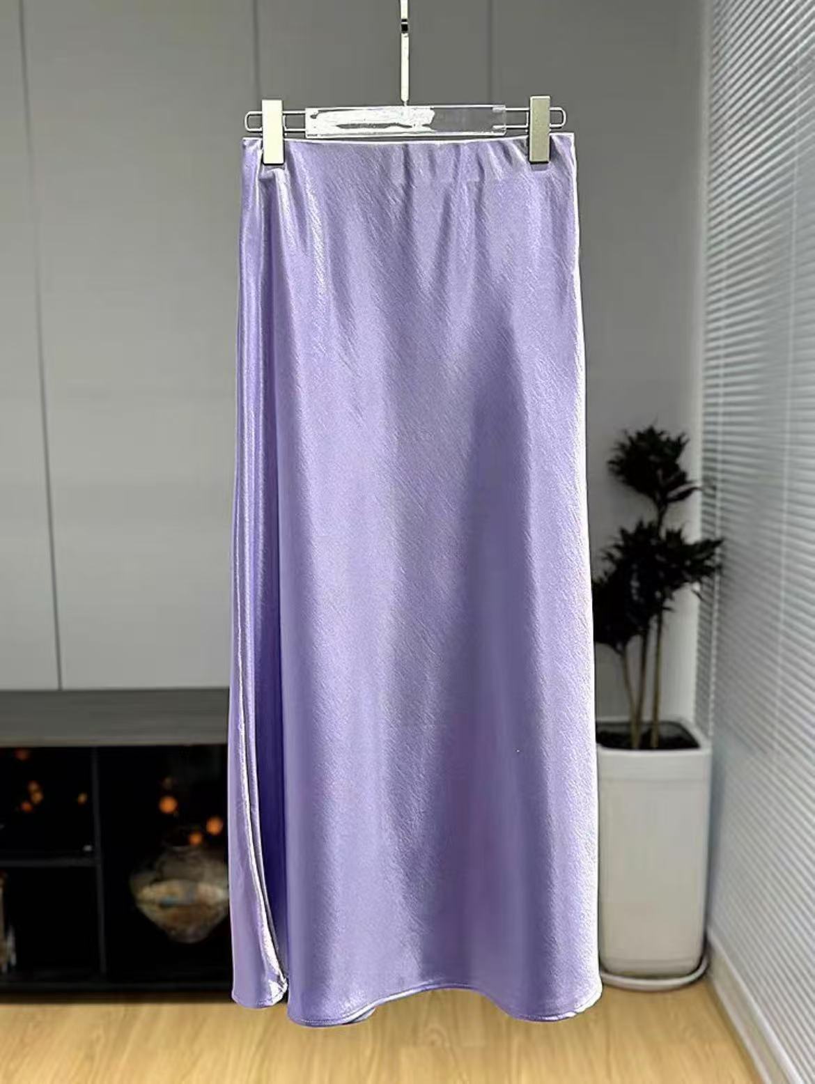 【紫色】新中式半身裙女轻奢高腰显瘦褶皱垂感缎面裙子纯色百搭8270
