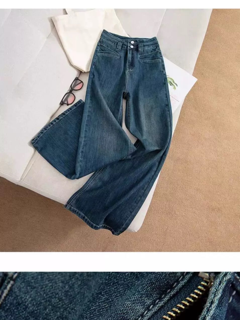 美式复古高腰阔腿牛仔喇叭裤