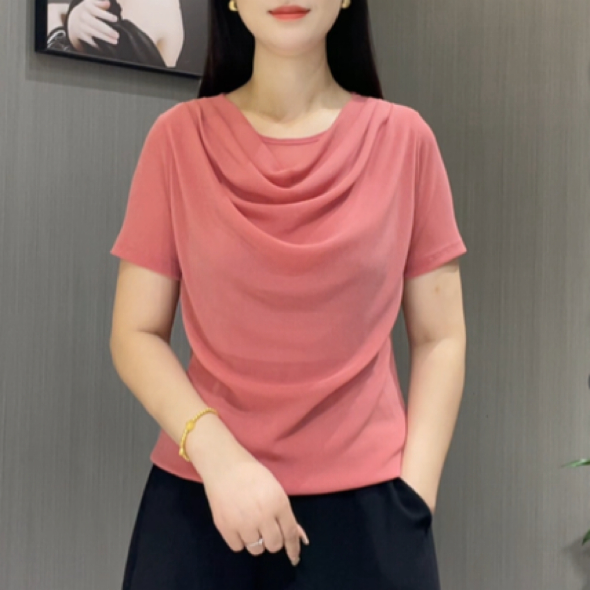 2025年夏季新款时尚百搭纯色堆堆领修身短袖T恤上衣