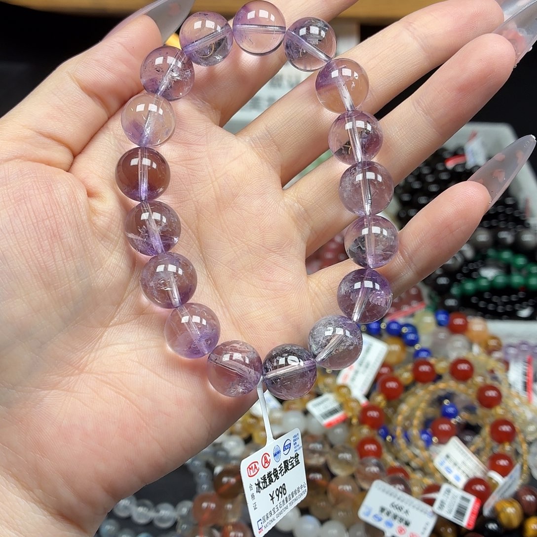 水晶手串未镶嵌卡12冰透紫兔毛聚宝盆27