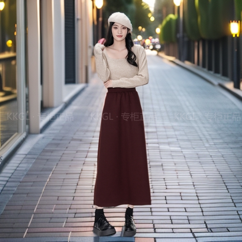轻熟风A字半身裙秋冬季高腰中长款女裙休闲气质女装纯色显瘦7351