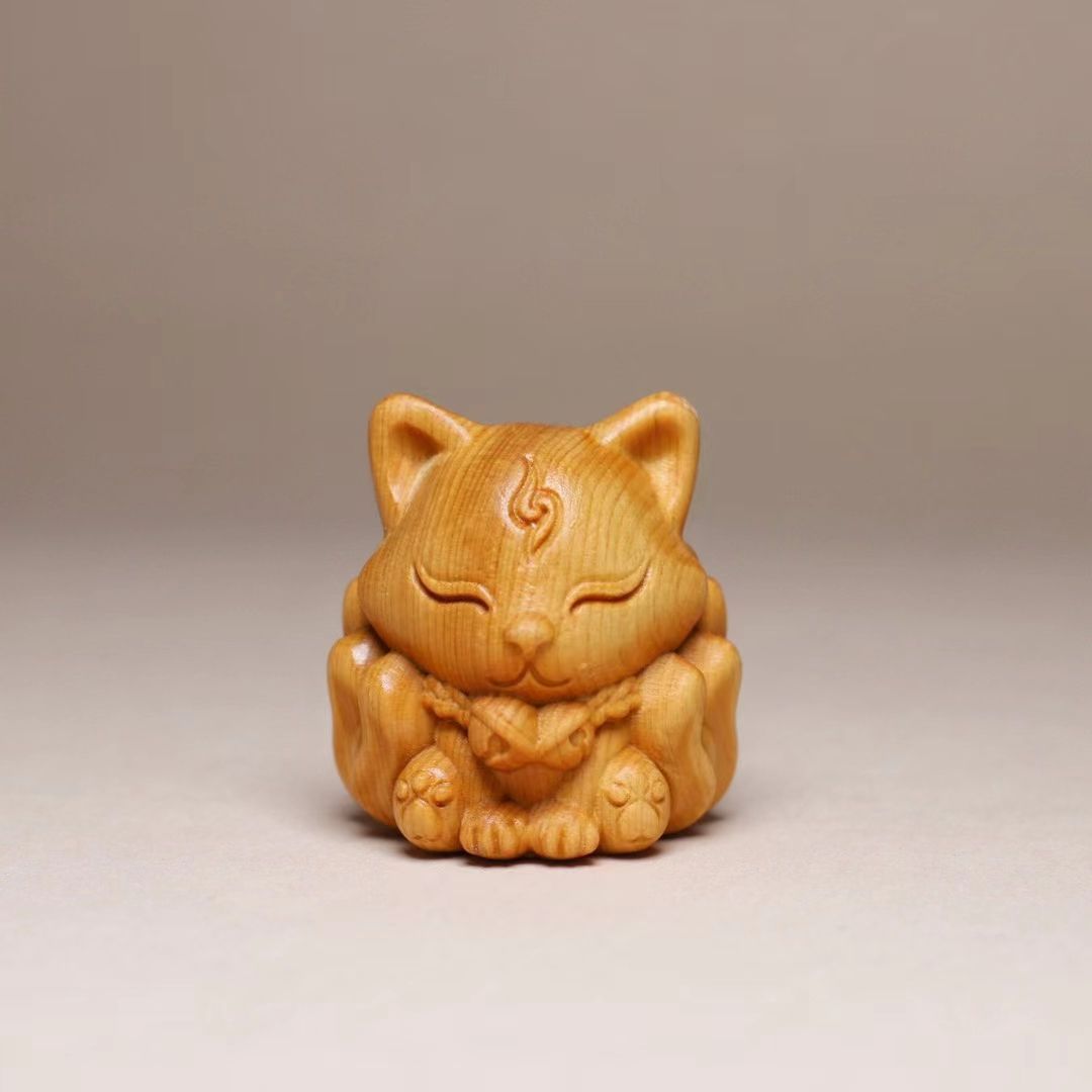 崖柏雕刻木雕手把4*3.5可爱九尾狐随身把玩摆件狐狸文玩库洛米
