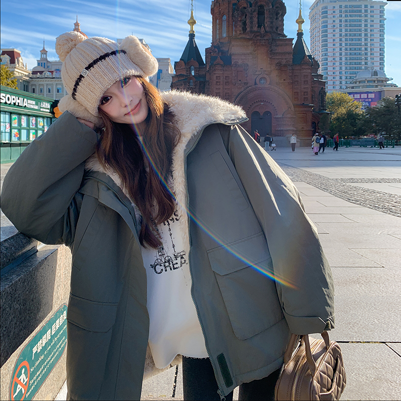 赵露思同款军绿色羊羔毛外套女2025冬中长款加绒加厚保暖工装棉服