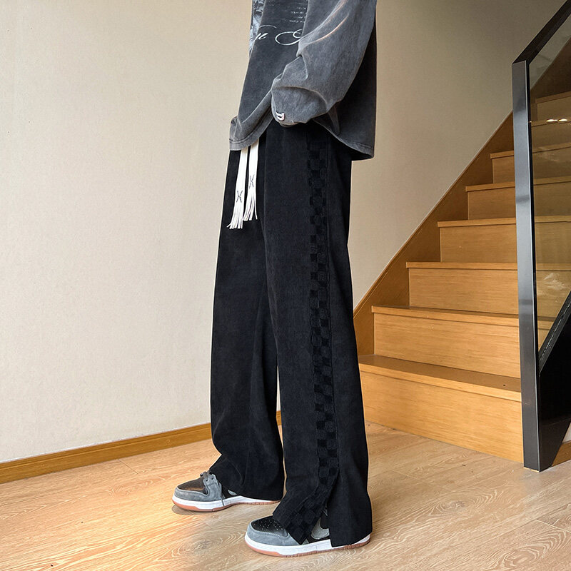 66286港风潮牌学院风简约百搭春夏棋盘格休闲裤直筒拖地裤