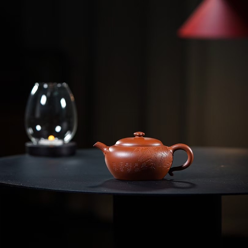 沈贤兵原创清水泥红泥小容量莲子壶水平壶繁花壶刘伟涛刻绘紫砂壶