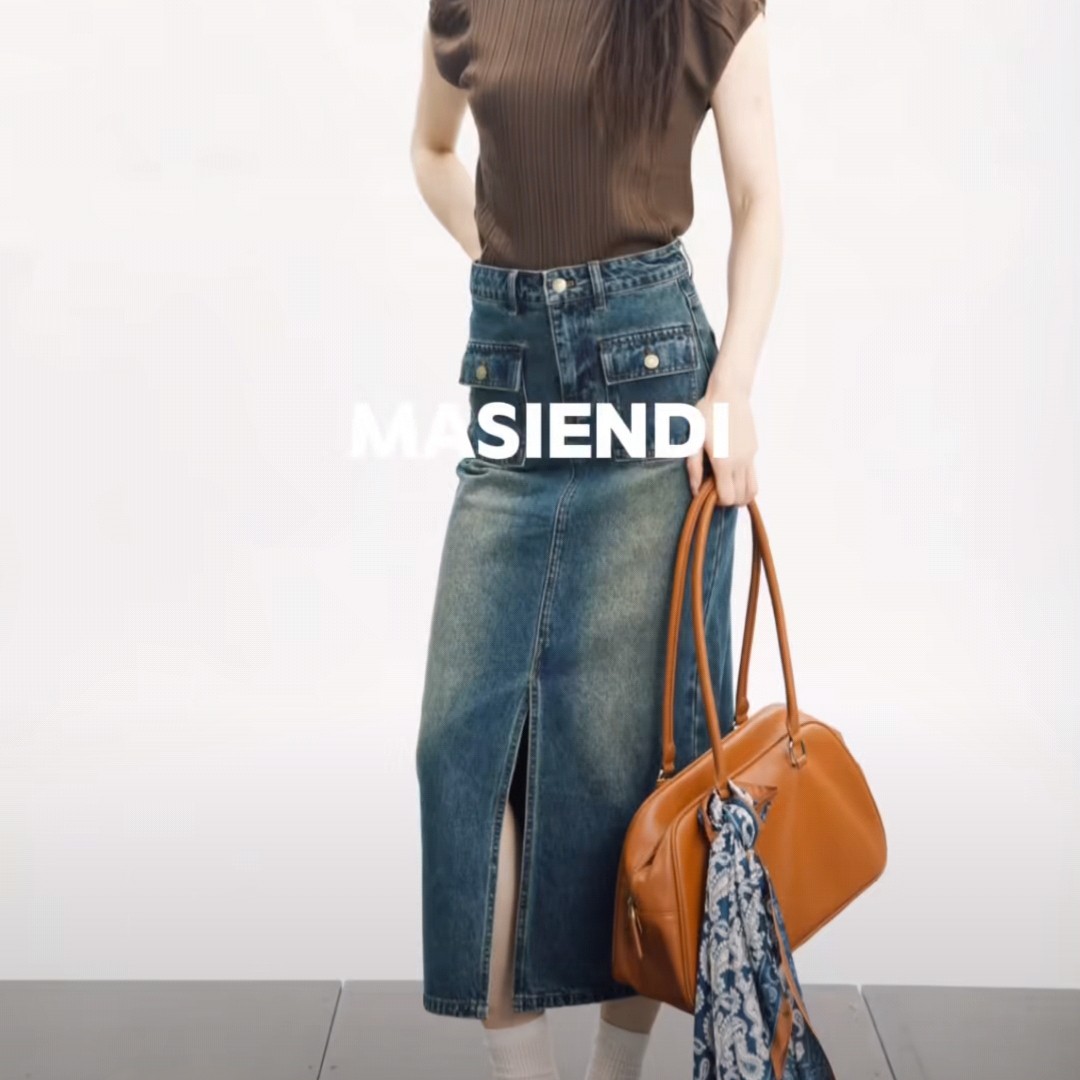 MASIENDI/玛丝恩迪复古高腰显瘦工装口袋设计牛仔半裙23260