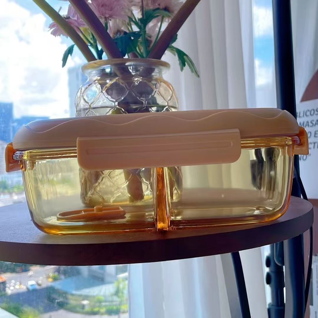 新款椭圆琥珀原色高硼硅分格饭盒740ml家用微波炉专用$