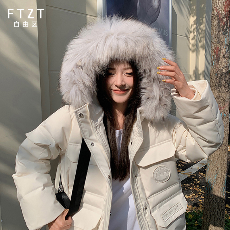FTZT 冬季新款工装派克服羽绒服女短款大毛领90白鸭绒冬装外套