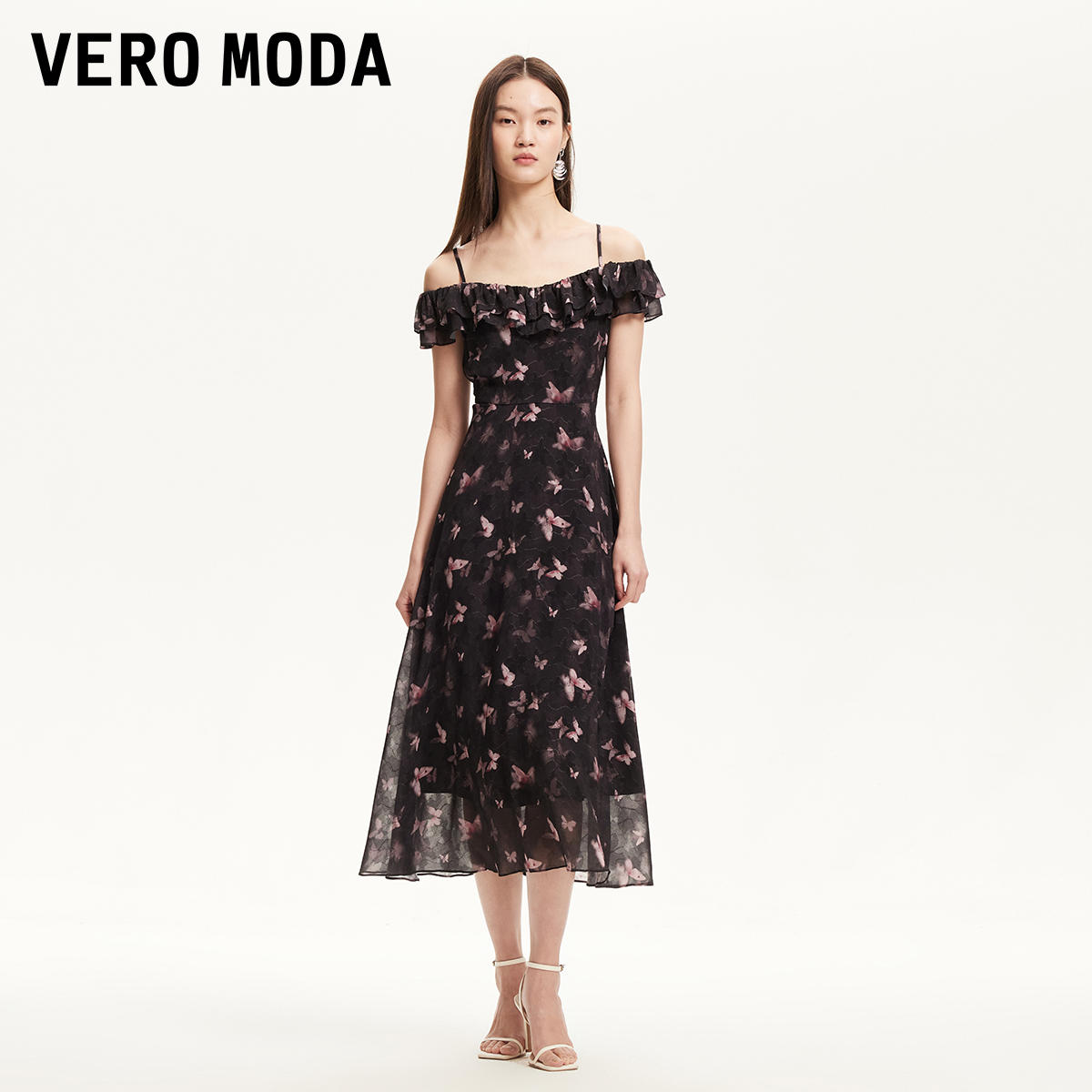 Vero Moda连衣裙女2025春季新款荷叶边领口蝴蝶印花千金氧气裙