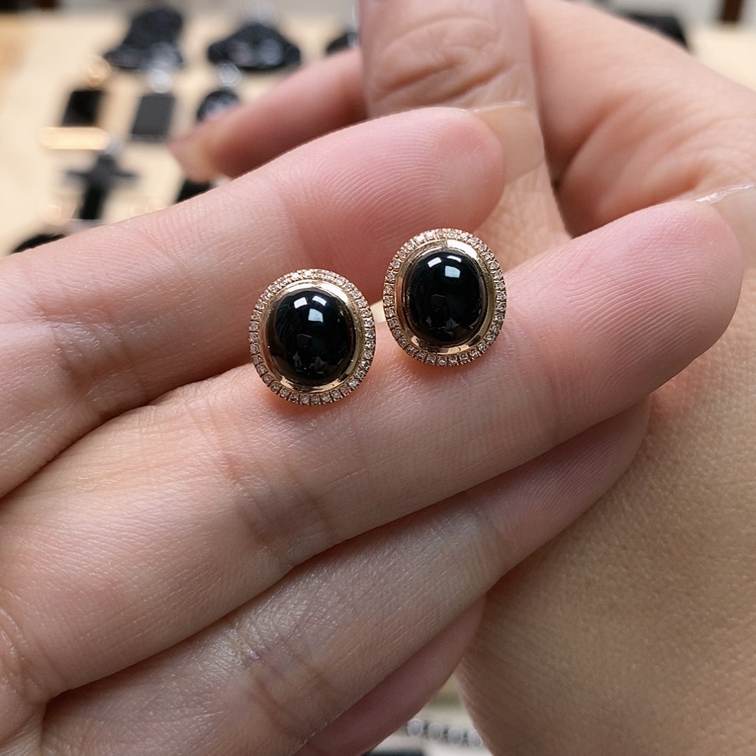 翡翠耳饰18K金镶嵌墨翠