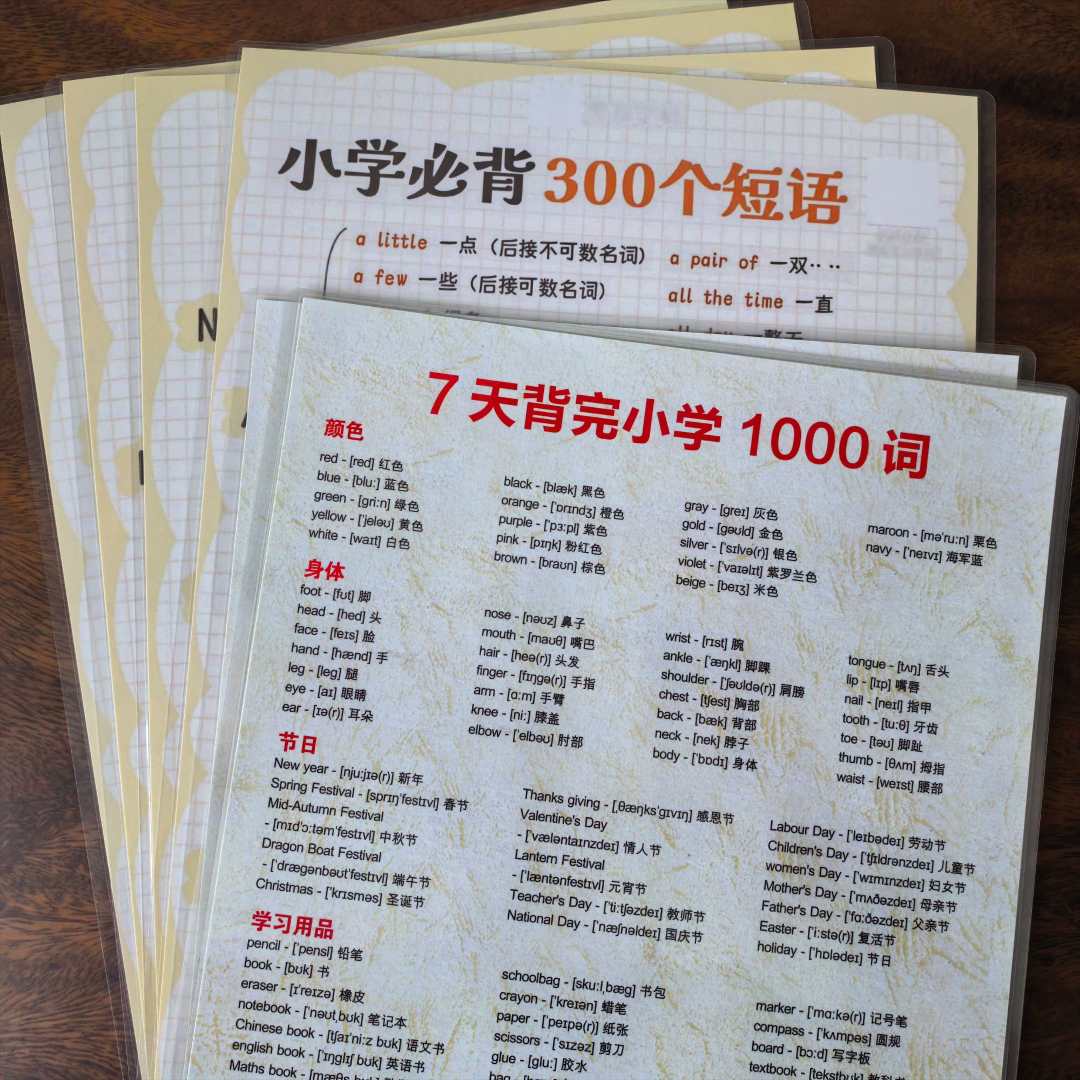 7天背完小学英语1000词A4音标塑封防水教具学习背诵好英语记忆卡