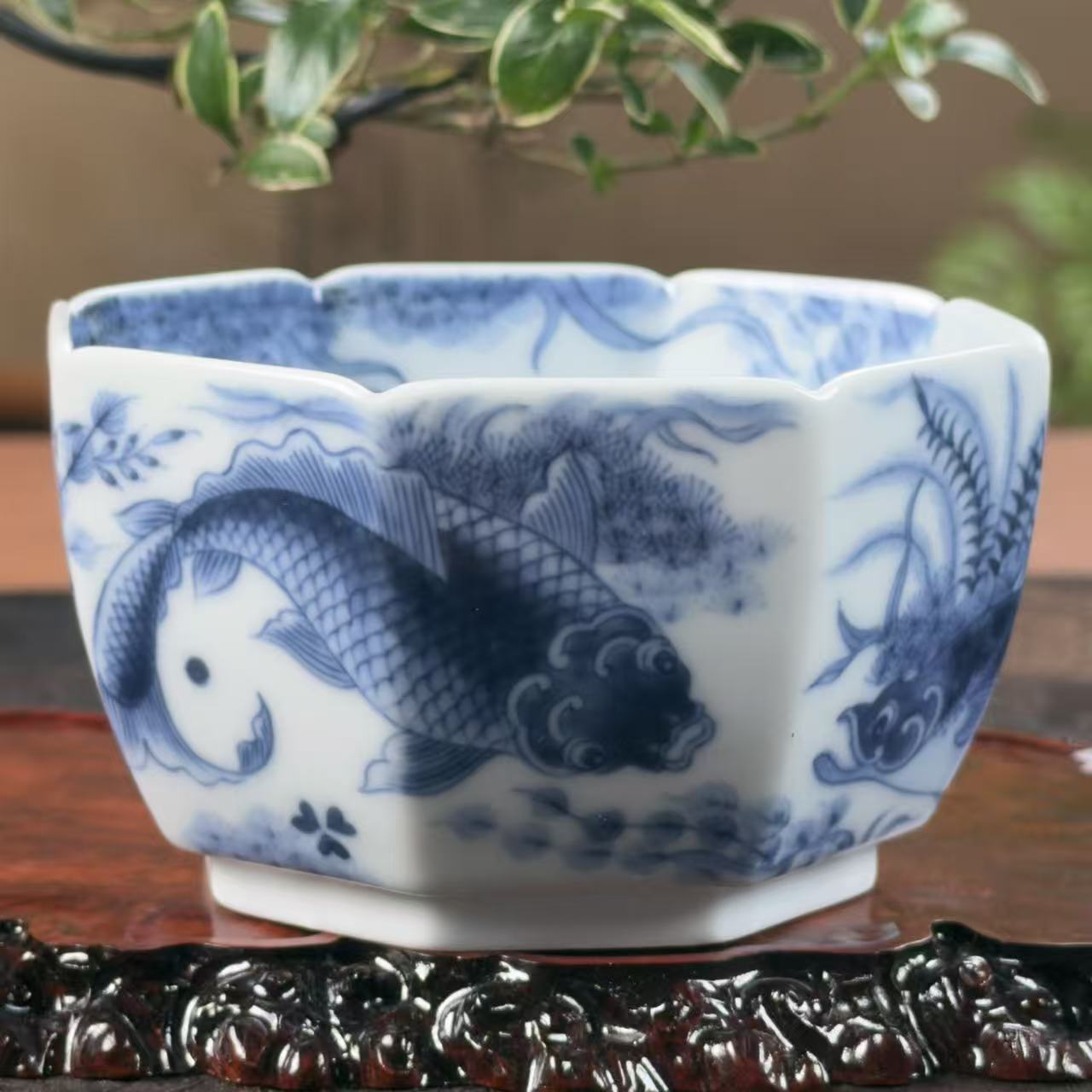 望月怀古满绘鱼藻八方杯WYHG066手工手绘主人杯