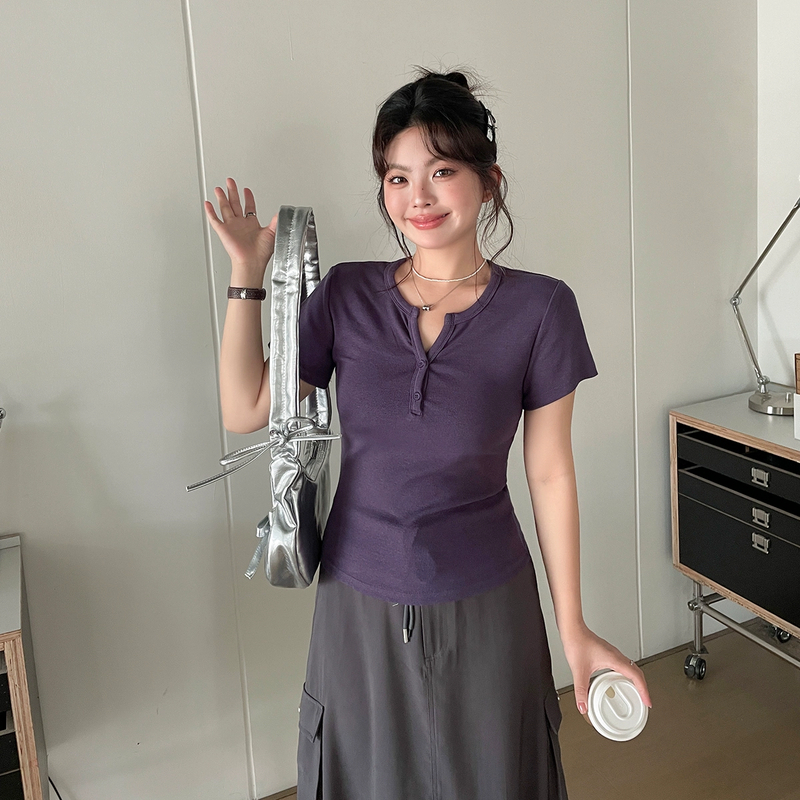 夏装女装2025新款超好看温柔独特上衣胖mm大码韩系风短款正肩t恤