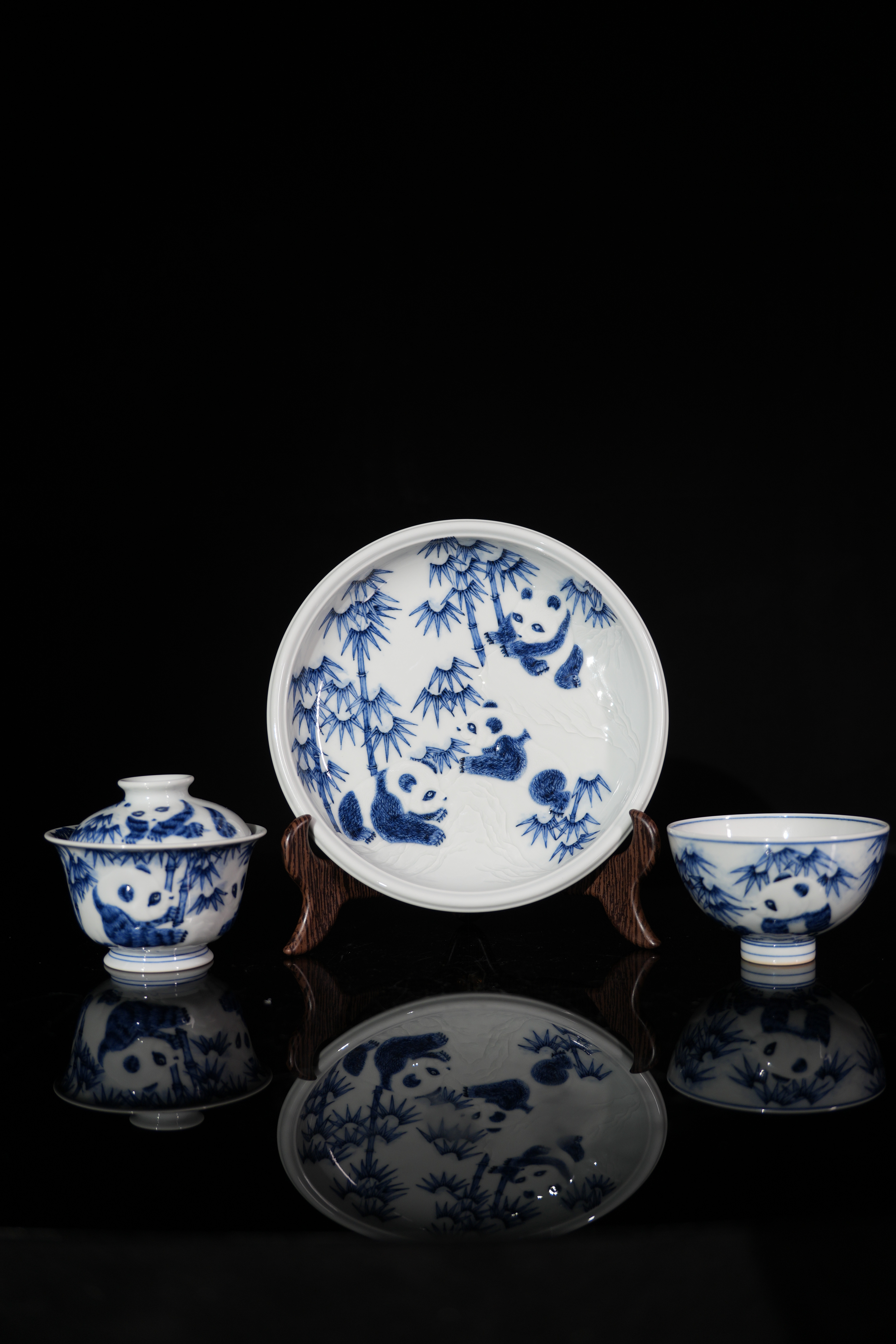 又见春风青花阳雕熊猫竹林系列茶具釉下彩茶杯家用中式