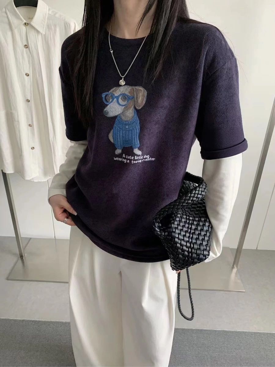 【毛巾绒眼镜狗短袖】短袖丹宁风印花INS洗T恤休闲夏季套头ins