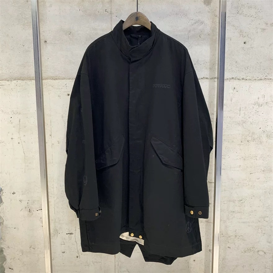 【100%棉】秋冬落肩阔版中长款风衣男日系复古立领印花外套42265