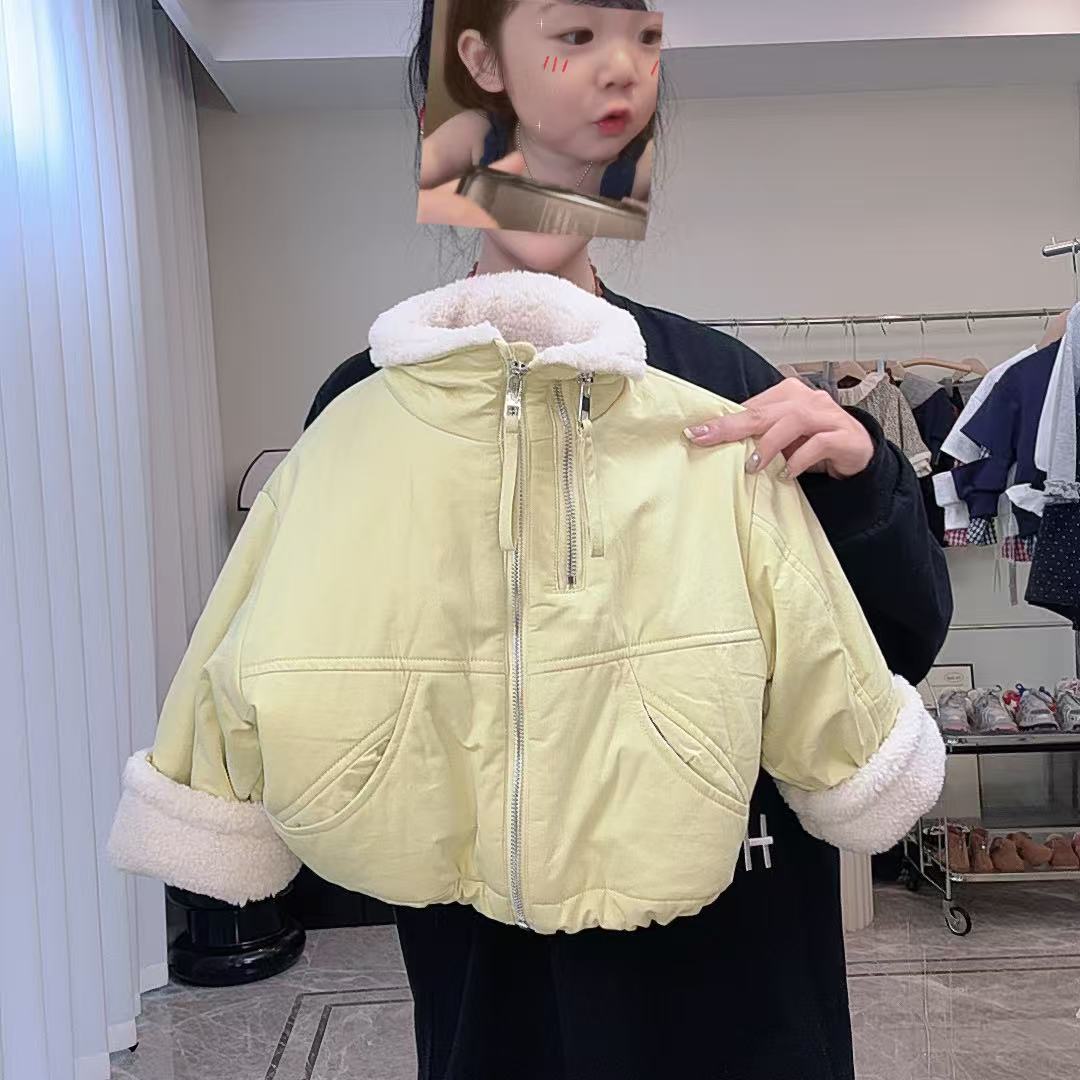 2025冬季新款女童纯色中大童双拉链棉衣冬装洋气夹棉加绒外套